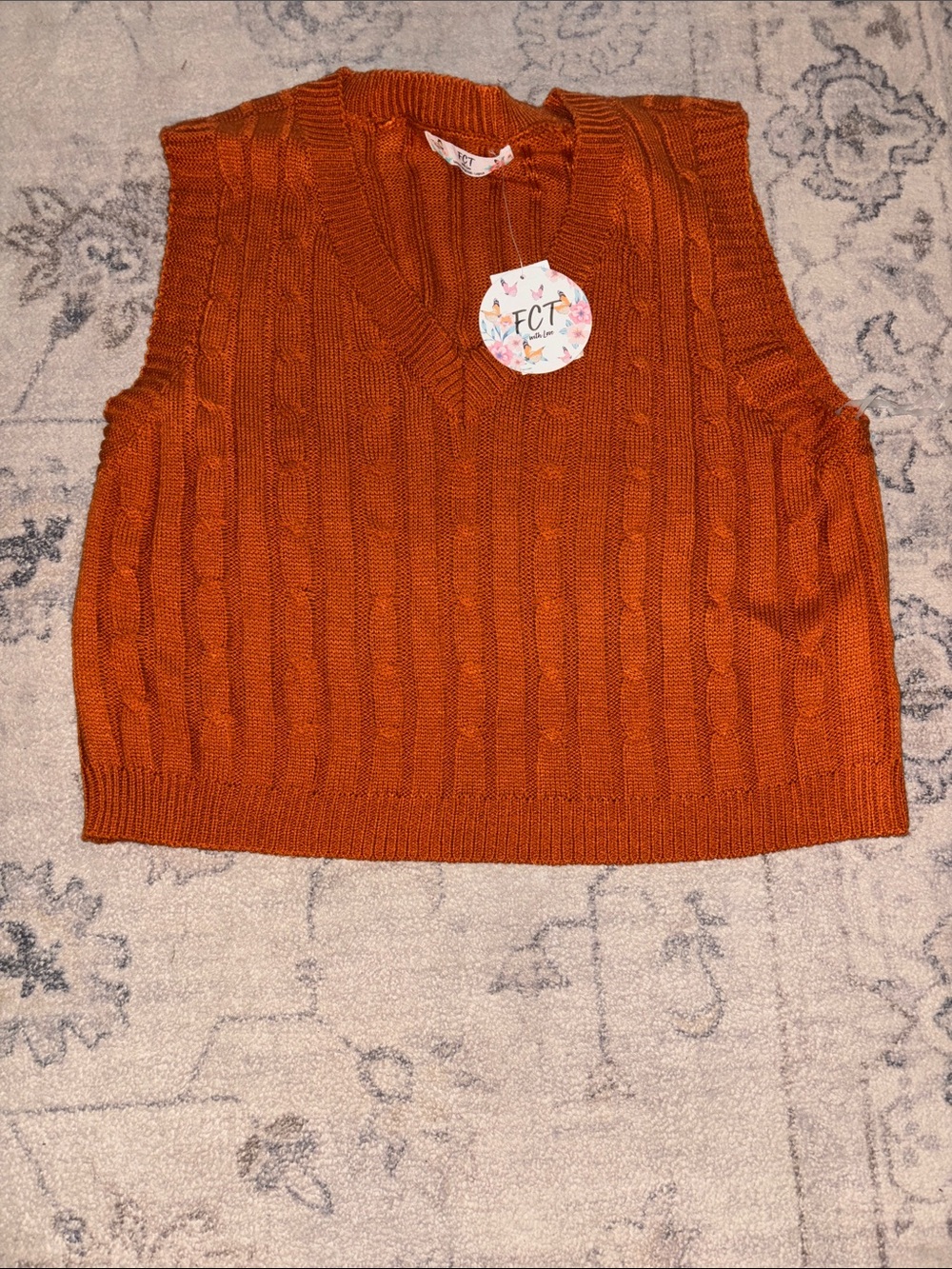 FCT Women's Rust Cable-Knit V-Neck Sweater Vest